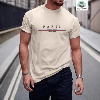 Men's pure cotton short-sleeve t-shirt with letter printing in apricot colour, loose fit style