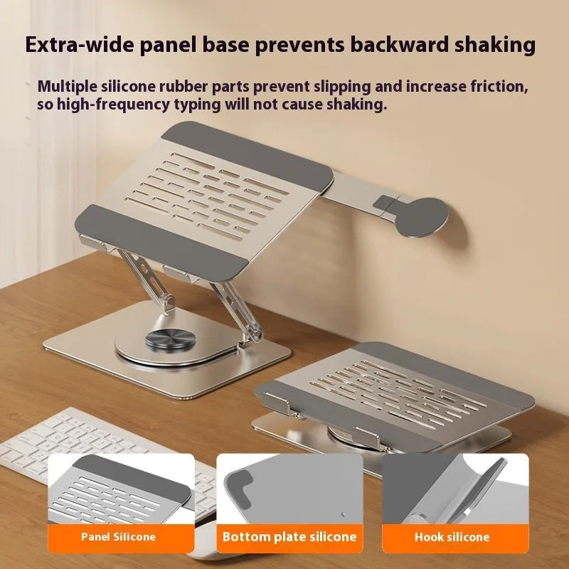 Silver carbon steel laptop stand with rotating magnetic phone holder mounted beside 17-inch laptop