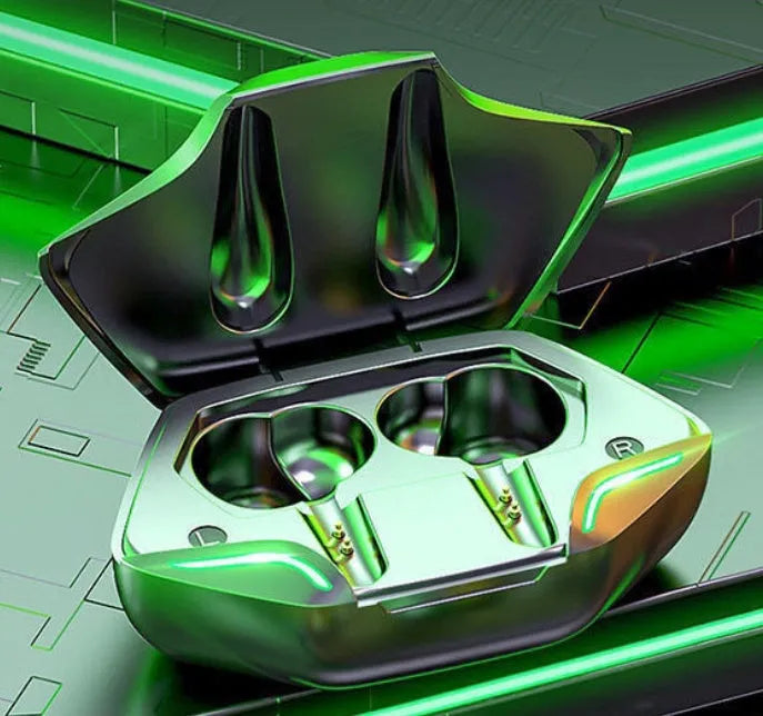 Wireless black gaming earbuds and charging case on a grey background, shown with spare silicone caps.