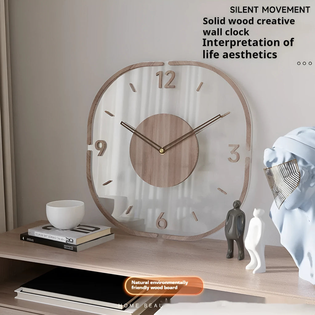 Transparent wooden frame modern wall clock 35cm with wooden shell for living room or office