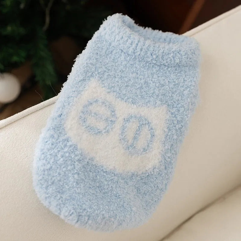 Cute owl face pet sweater in blue and purple, soft plush winter pullover for cats and small dogs, XS S