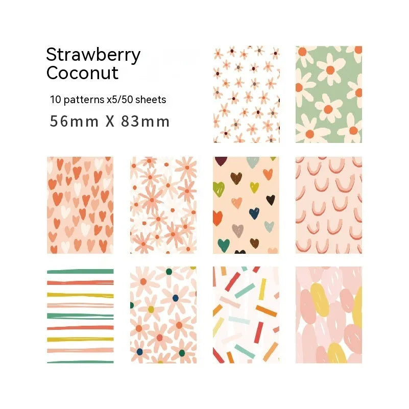 50-piece pack of retro collage dessert-themed note paper in ten colours, size 56mm by 83mm.