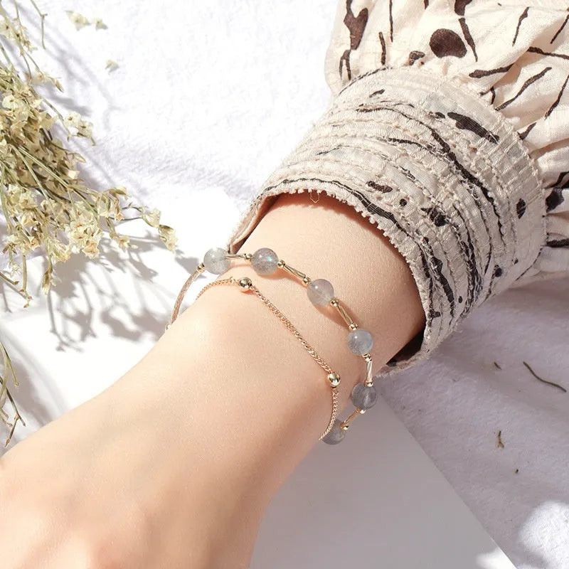 Double-layer crystal bracelet with moonstone accents in electroplated moonlight copper finish
