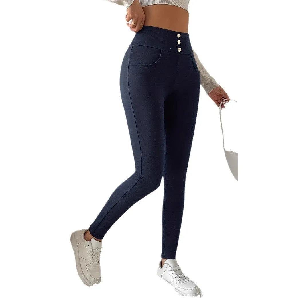 Women's navy blue high waist straight leg casual trousers on hanger