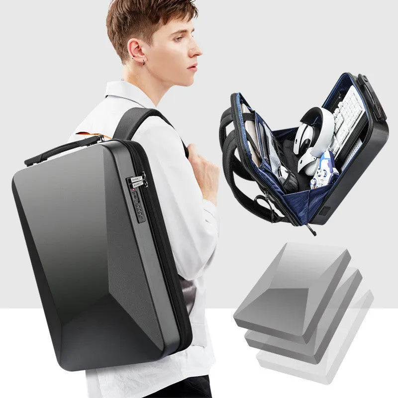 A hard-shell lockable backpack in black, showing its structured shape, front rhombus texture, and padded shoulder straps.