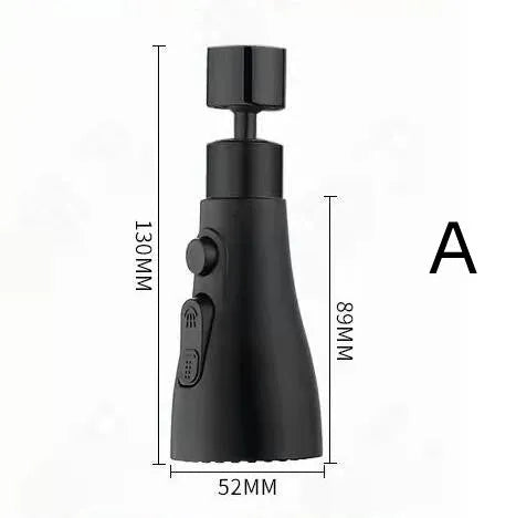 Universal pressurised kitchen faucet sprayer with rotating head in matte black finish showing three spray modes