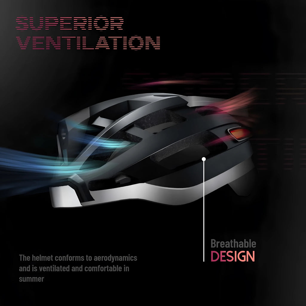 Black and grey smart cycling helmet with integrated warning light, adjustable for adult head sizes 57-62cm.