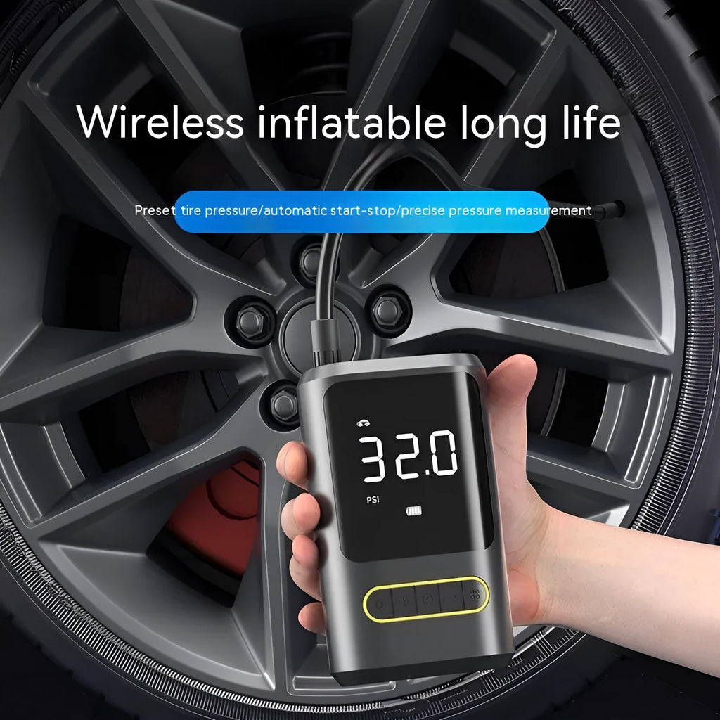 Handheld black digital display wireless car air pump with LED light and nozzle adapters.