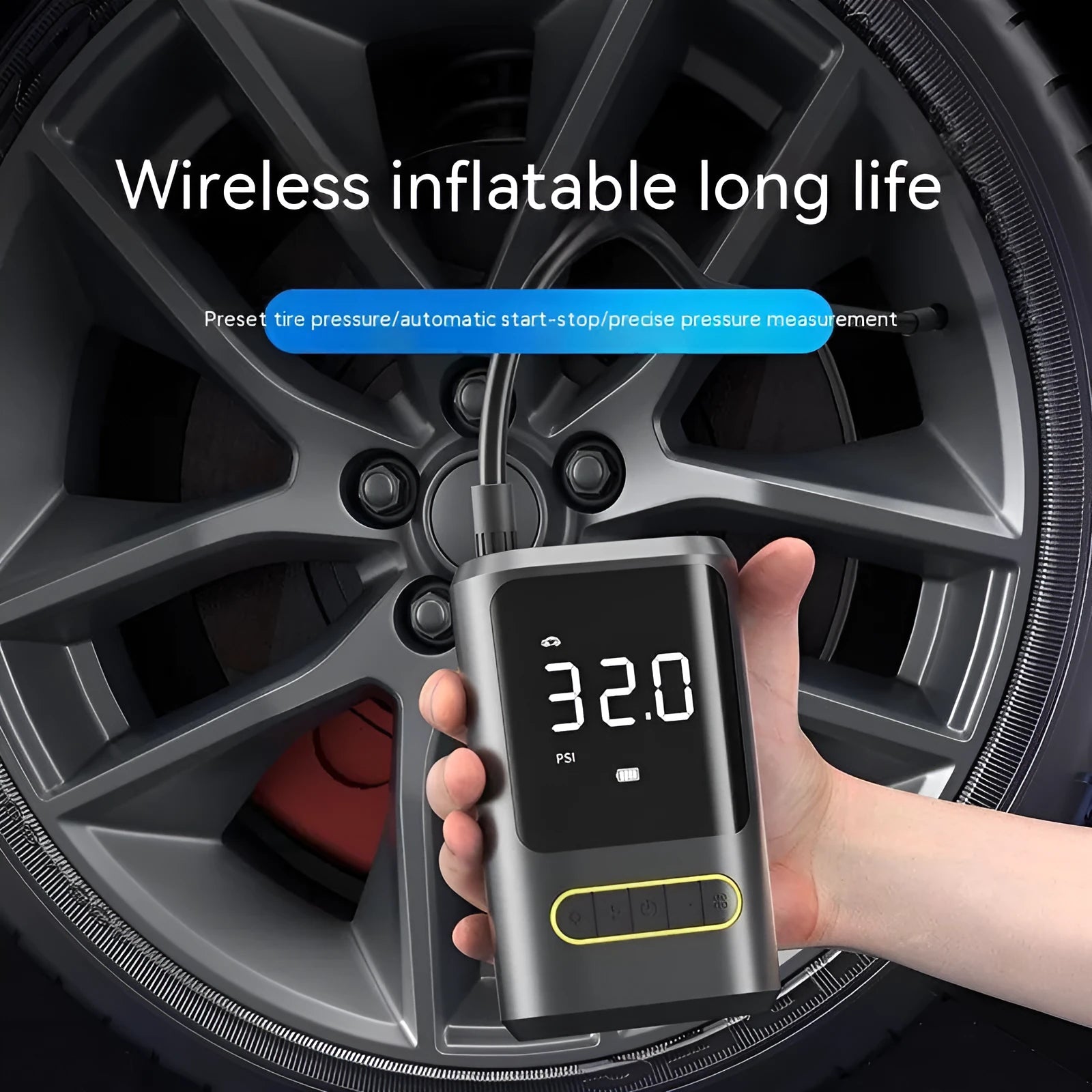 Handheld black digital display wireless car air pump with LED light and nozzle adapters.