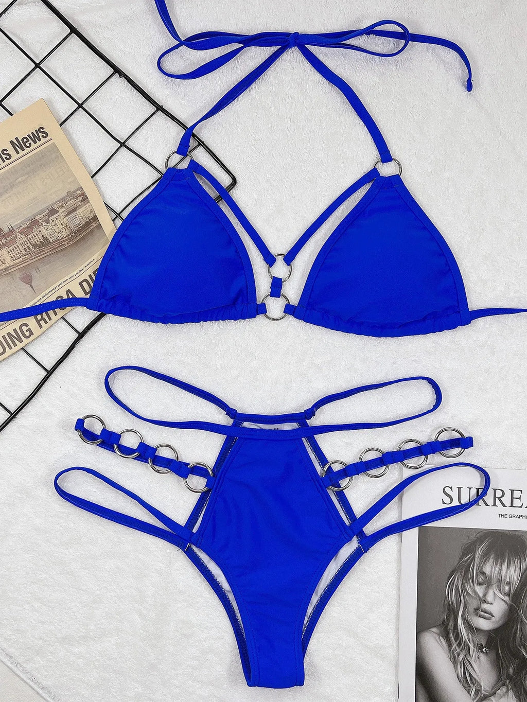 Women's pure colour separated nylon bikini set in red, shown as a bikini top and matching shorts.