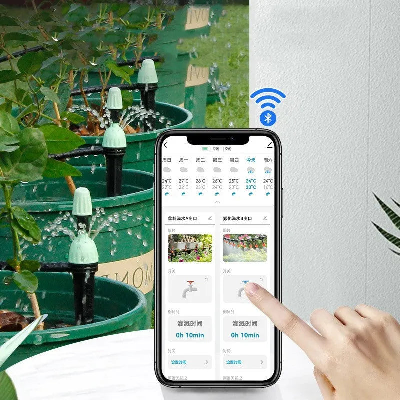 Bluetooth dual watering controller for mobile phone remote garden irrigation with hose connections