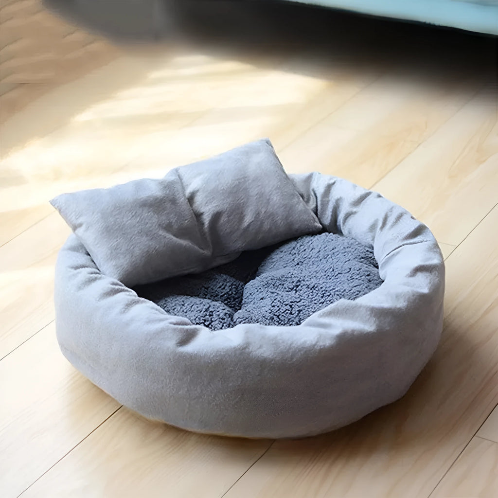 Grey round plush pet bed with removable pillow for small dogs and cats