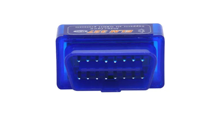Compact dual-mode ELM327 OBD2 Bluetooth diagnostic scanner for vehicle fault codes.