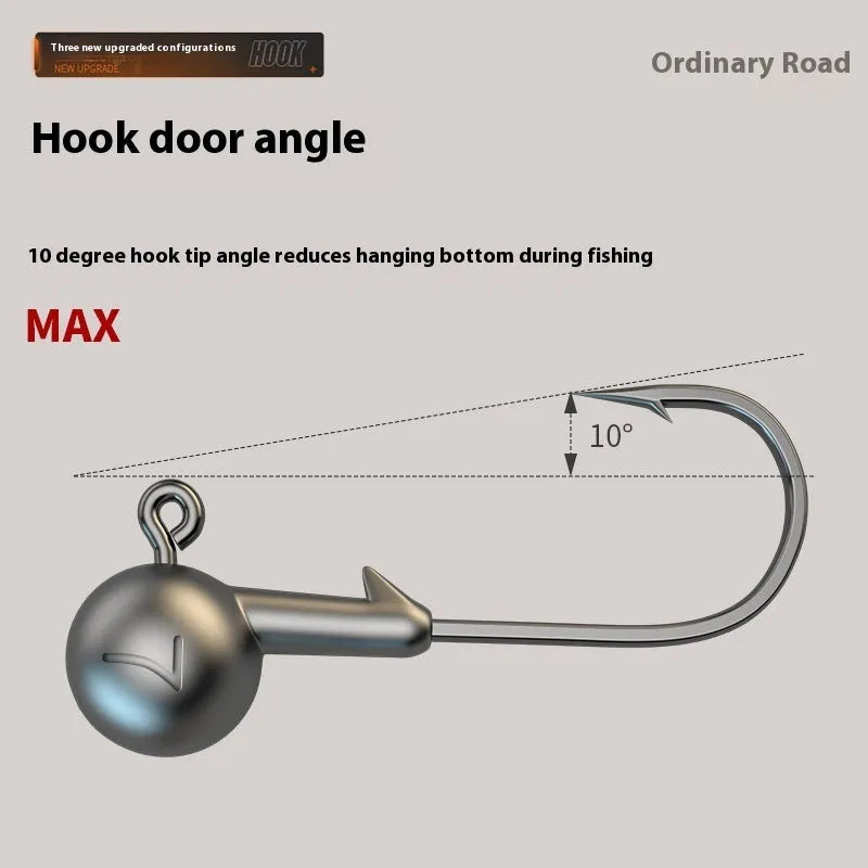 A pack of 50 steel jig fishing hooks in a primary colour, showing different hook point specifications.
