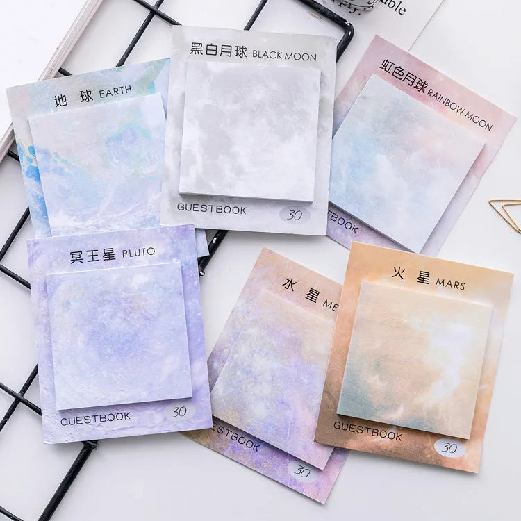 Square planet sticky notes notepad with oil painting designs of celestial bodies including moon and earth patterns