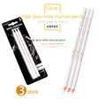 Set of three white charcoal pencils with wooden barrels for sketching on dark paper.