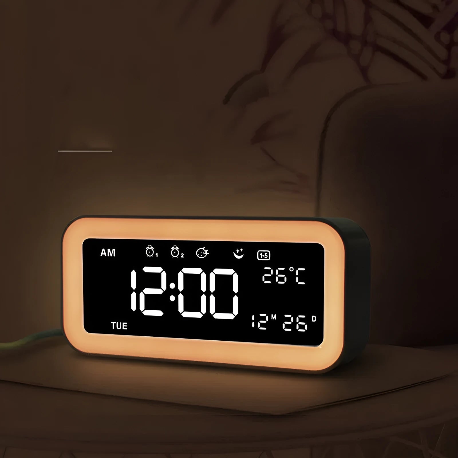 Multifunctional LED atmosphere light alarm clock with digital display and multicoloured lighting in rectangular plastic case