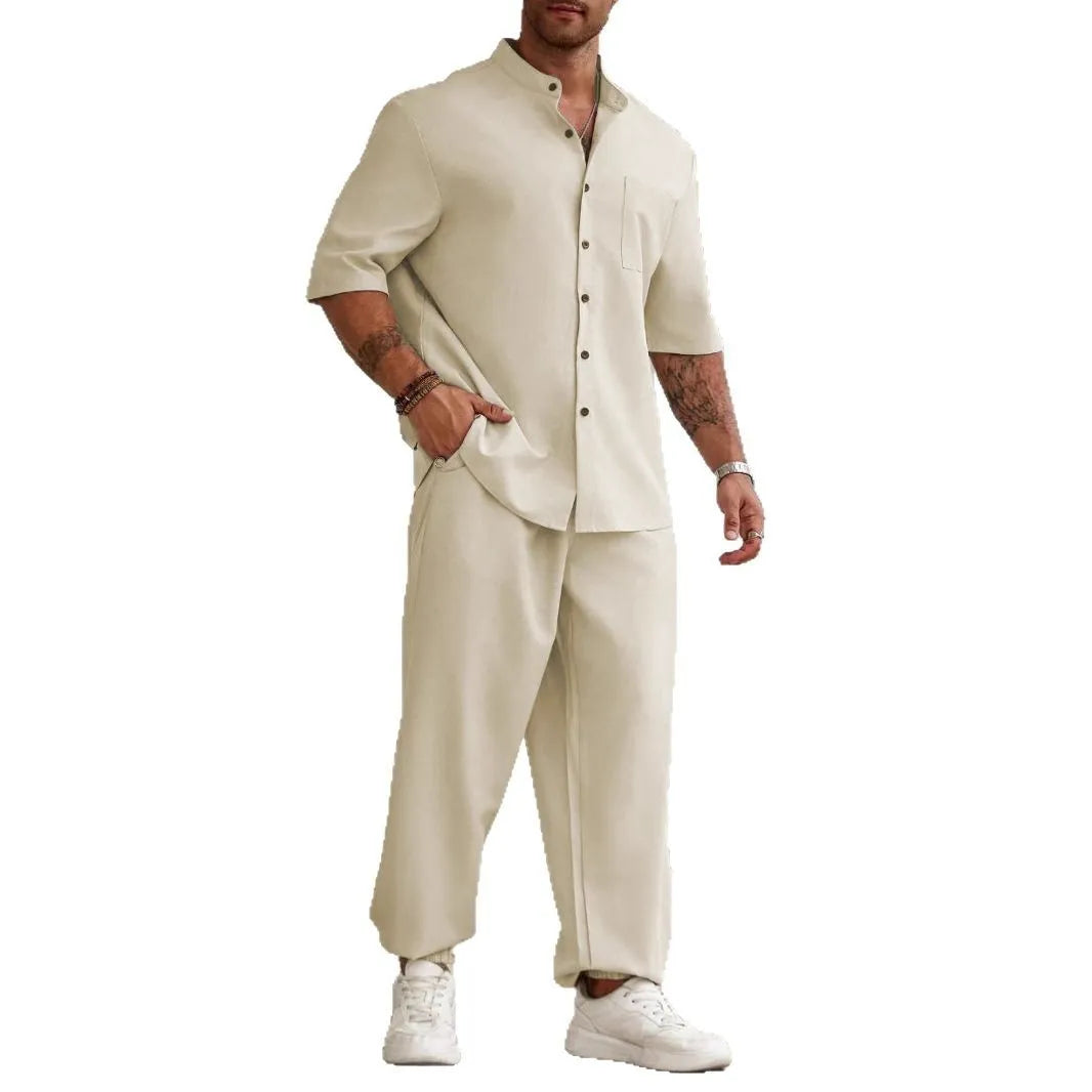 Men's cotton linen casual shirt and trouser set in apricot colour for spring leisure wear