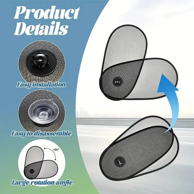 Black breathable mesh car side window sunshade stretched over glass with visible suction cups.
