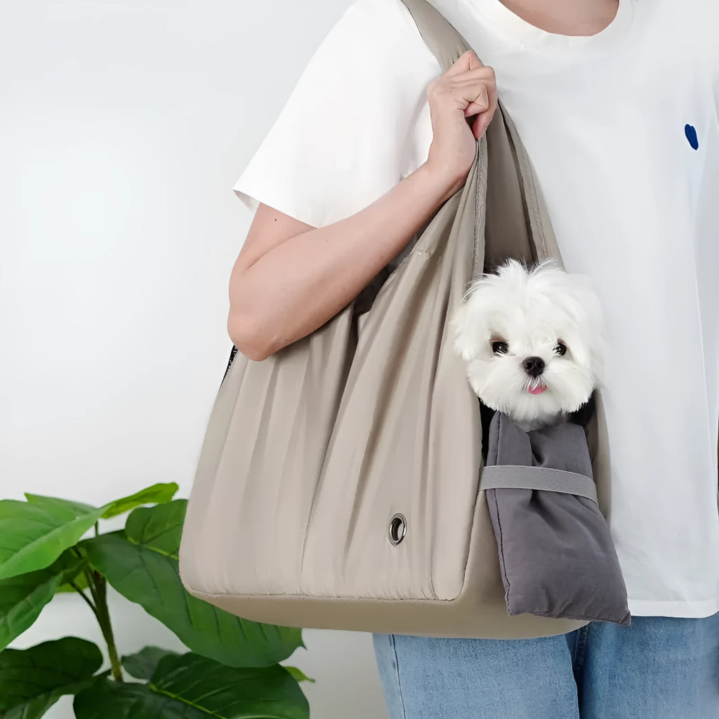 Apricot-coloured cloth pet handbag measuring 41x16x28cm with carrying handles