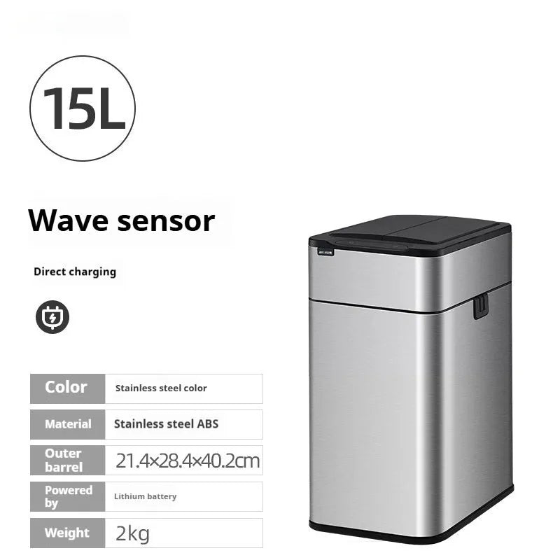 Stainless steel inductive smart trash can with square design and 26+ litre capacity