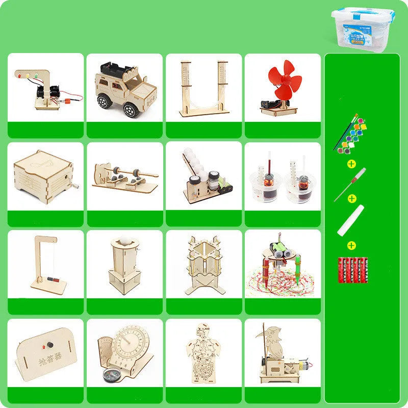 Physical science and technology small production kit with 16 wooden pieces, paint, screwdriver, glue and batteries for kids aged 7-14