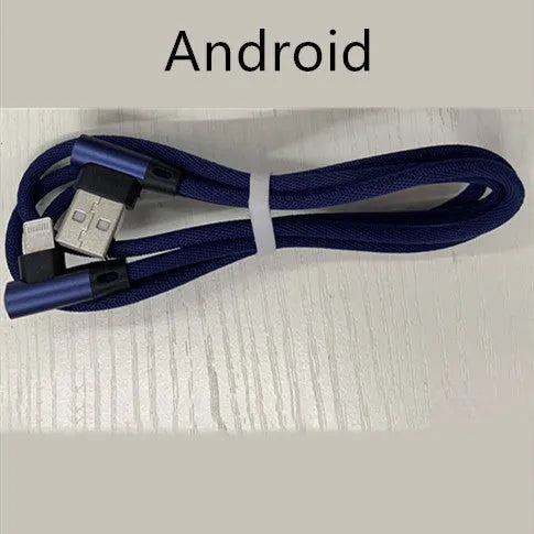 Denil fabric braided USB fast charging cable with aluminium alloy connectors in black and blue.