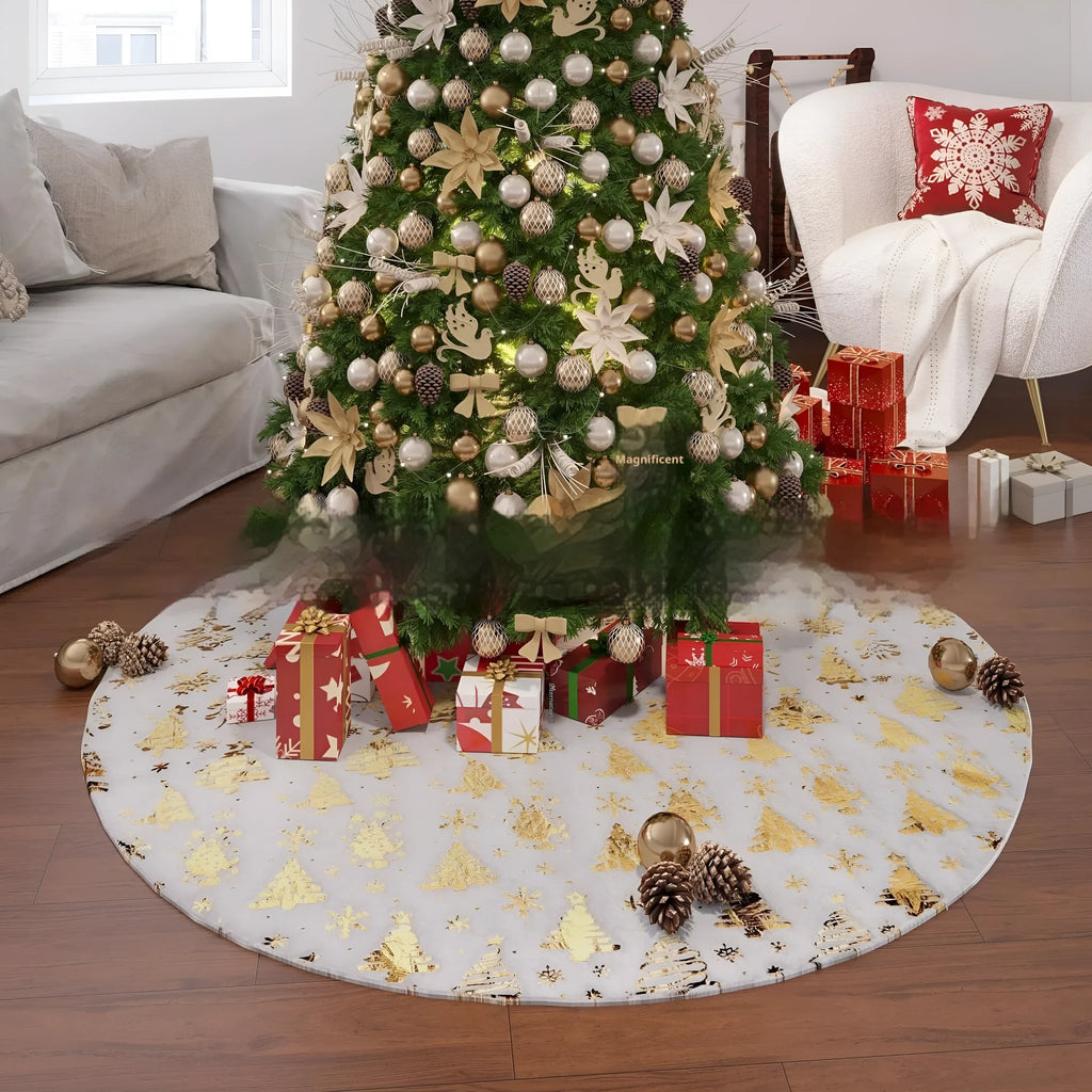 Plush Christmas tree floor mat in festive snowflake star design on wooden floor