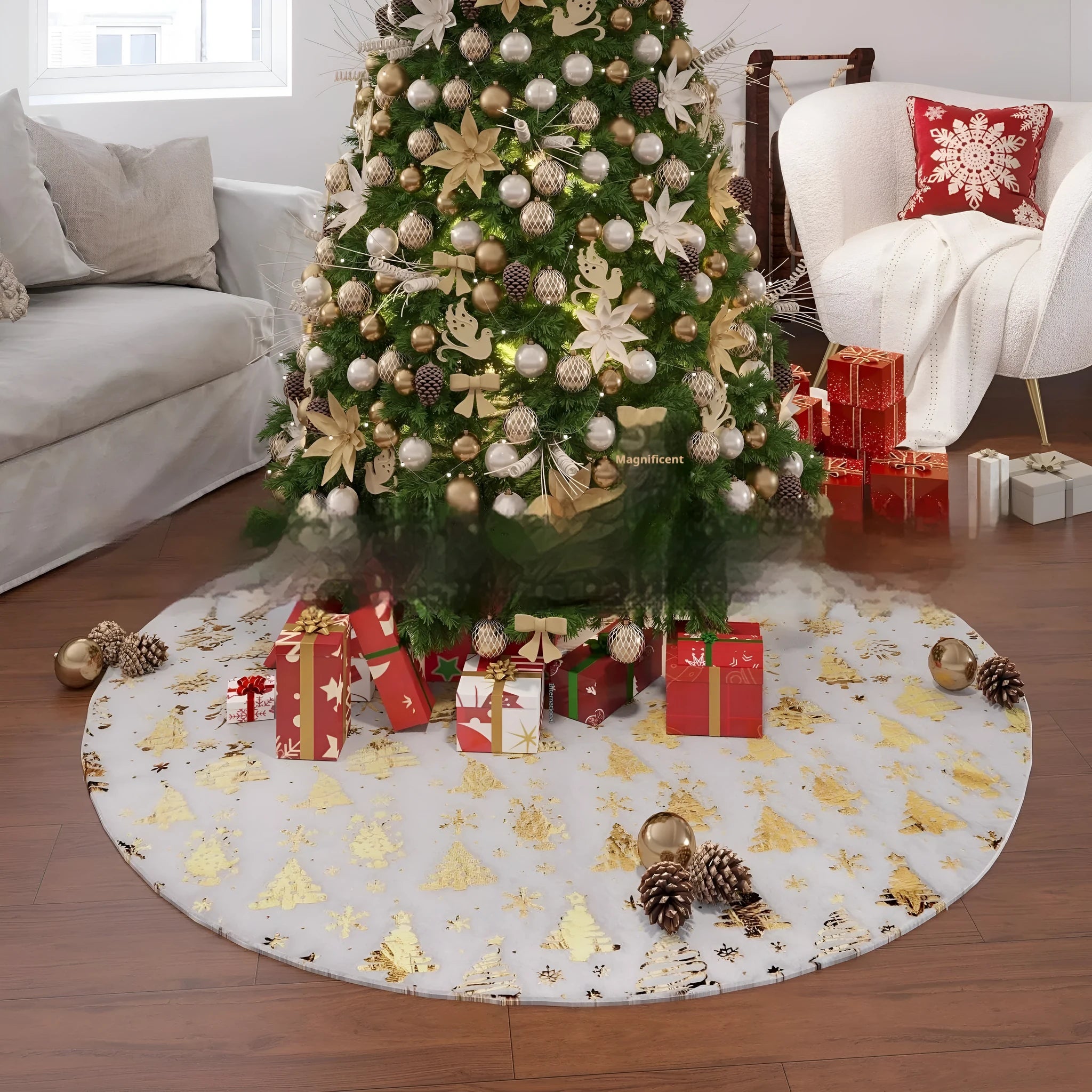 Plush Christmas tree floor mat in festive snowflake star design on wooden floor