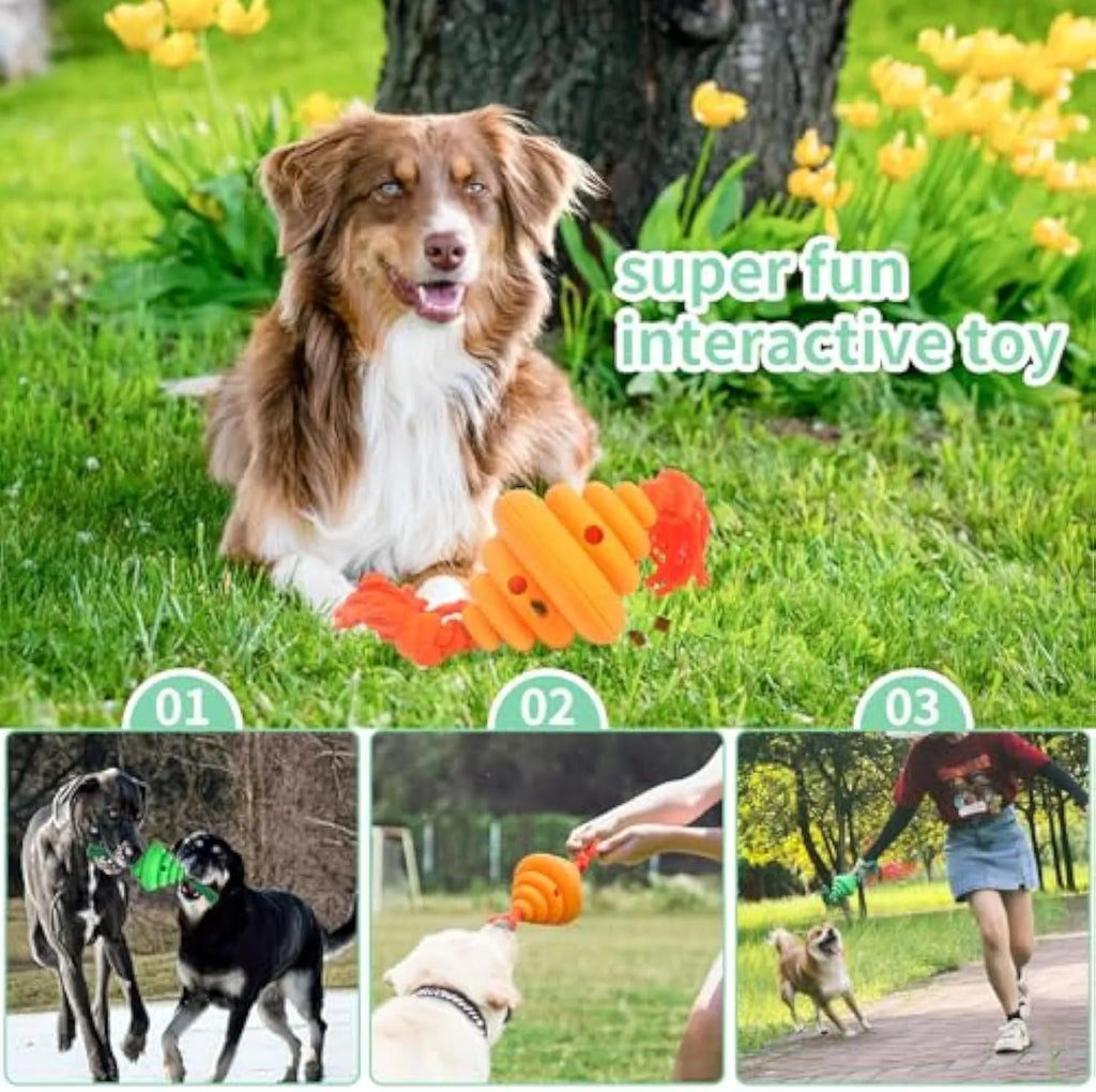 Green and yellow split spiral dog ball toy with rope for tug of war and treat dispensing