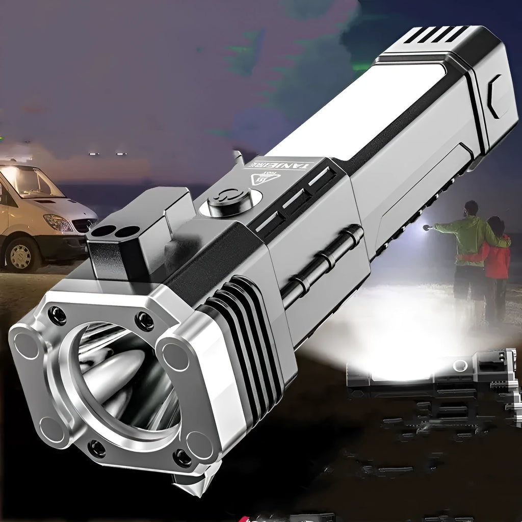 Silver plastic LED flashlight with power bank functionality and IP44 splash protection rating