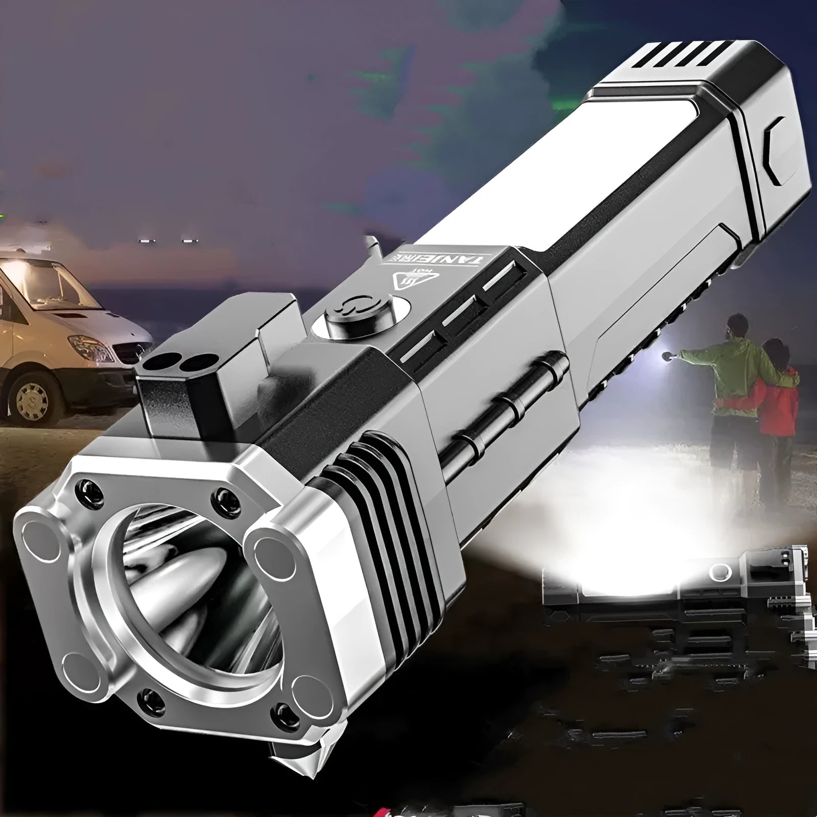 Silver plastic LED flashlight with power bank functionality and IP44 splash protection rating