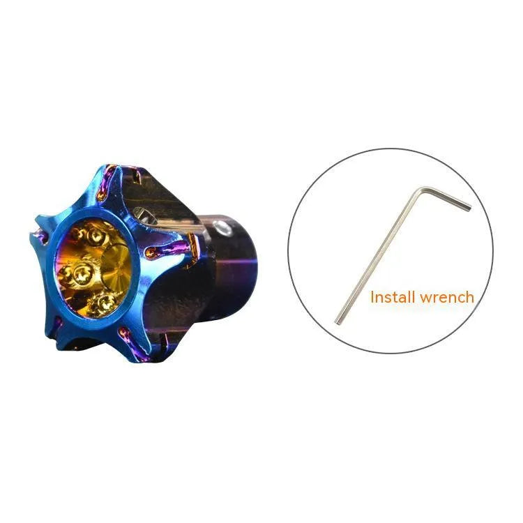 Motorcycle key head cover in T6 aluminium alloy showing hexagonal, pentagram, and plum blossom design options.