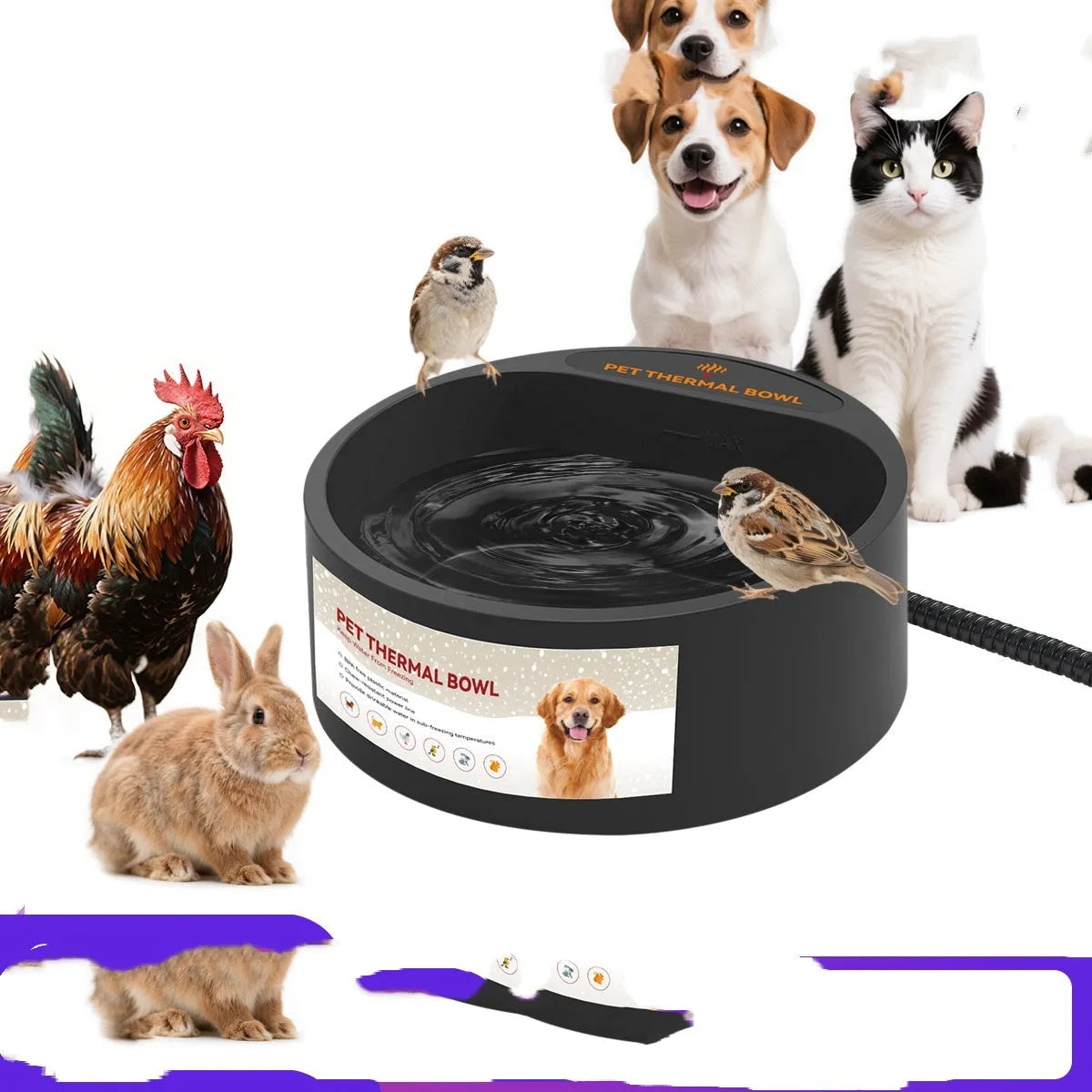 Black ABS heated pet bowl for dogs and cats with power cable, shown outdoors.