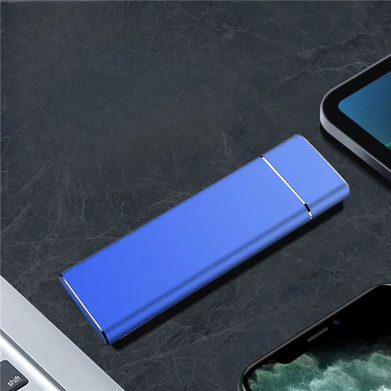 Sapphire blue portable external solid state hard disk with metal shell and USB cable