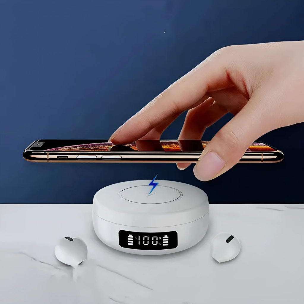 Black wireless semi-in-ear headphones and charging case on a table, showing compact design.