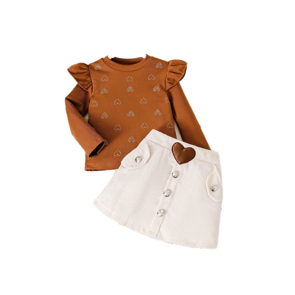 Cute printed striped long-sleeve dress set in brown for girls cotton pullover top and skirt 90-130cm