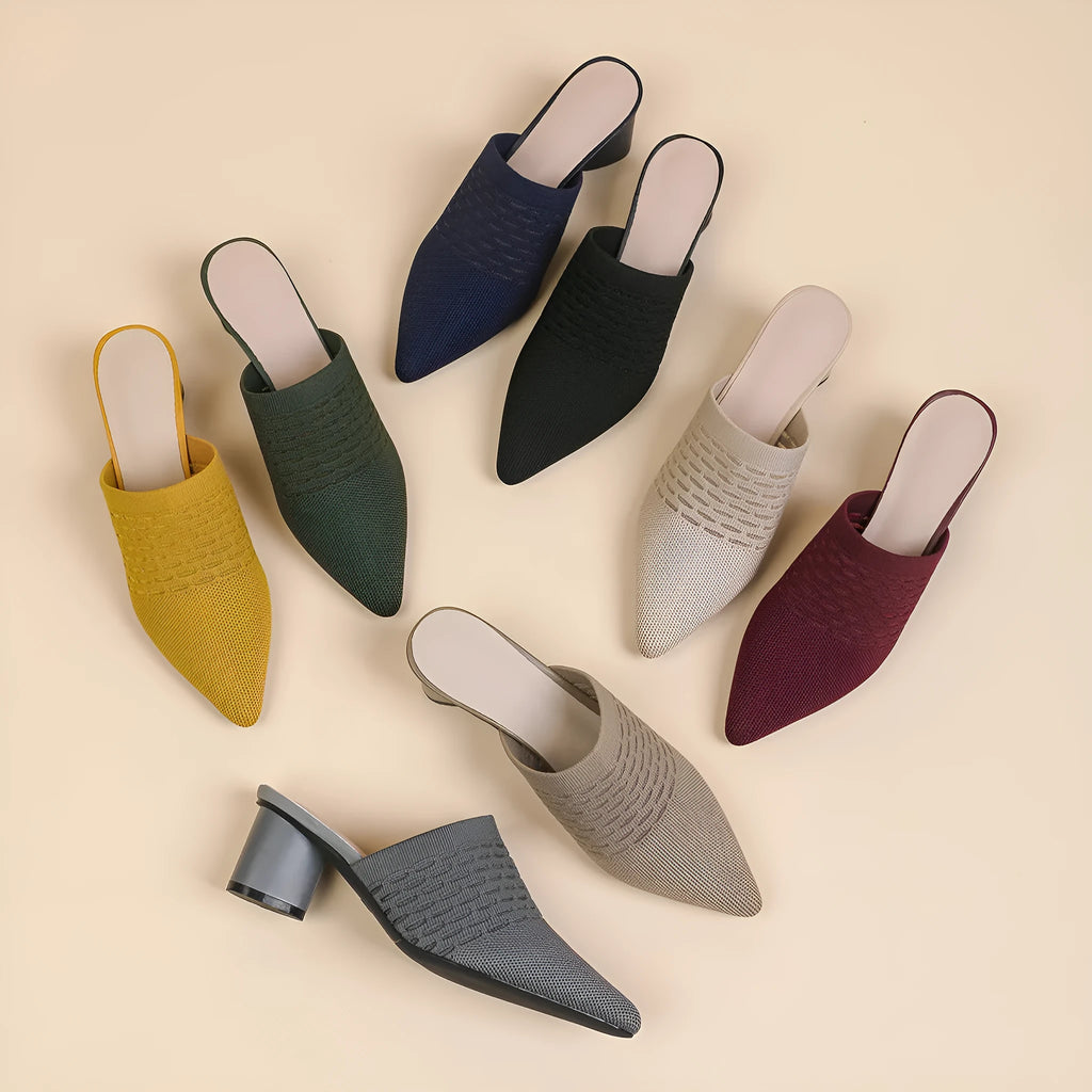 Pointed toe cap sandals with chunky 5cm heel in a selection of fishing line colours.