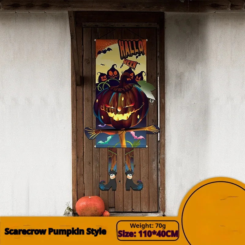 110×40cm cloth Halloween wall decoration with pumpkin print, includes three hanging hooks
