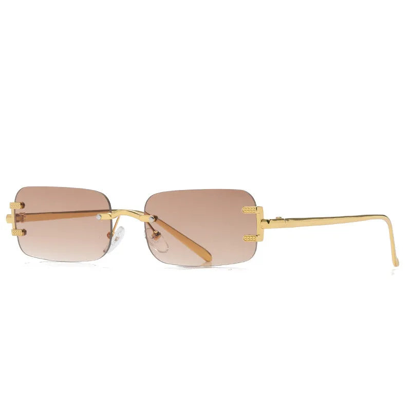 Retro square frameless sunglasses with gold metal frame and black/gray AC lenses
