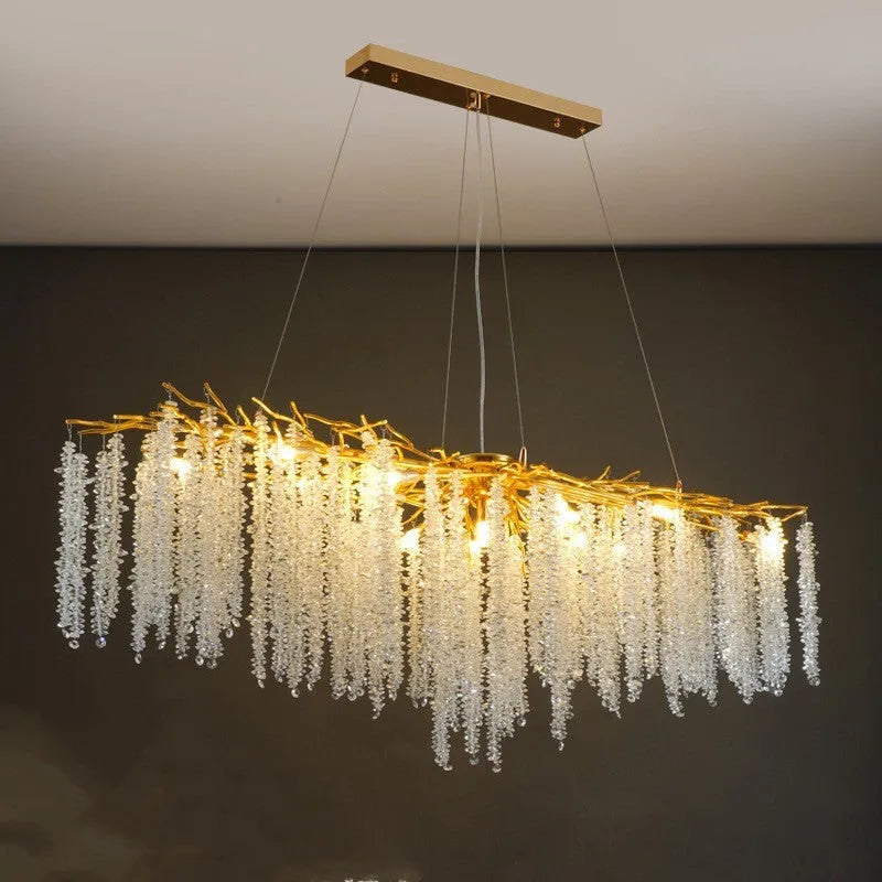 Modern crystal chandelier with adjustable height and aluminium alloy body in light luxury style.