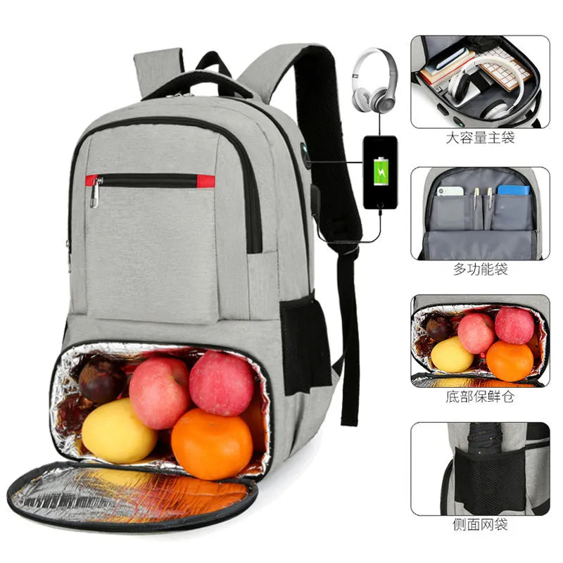 Insulated oxford cloth backpack in light grey showing curved shoulder straps and dry-wet separation compartment.