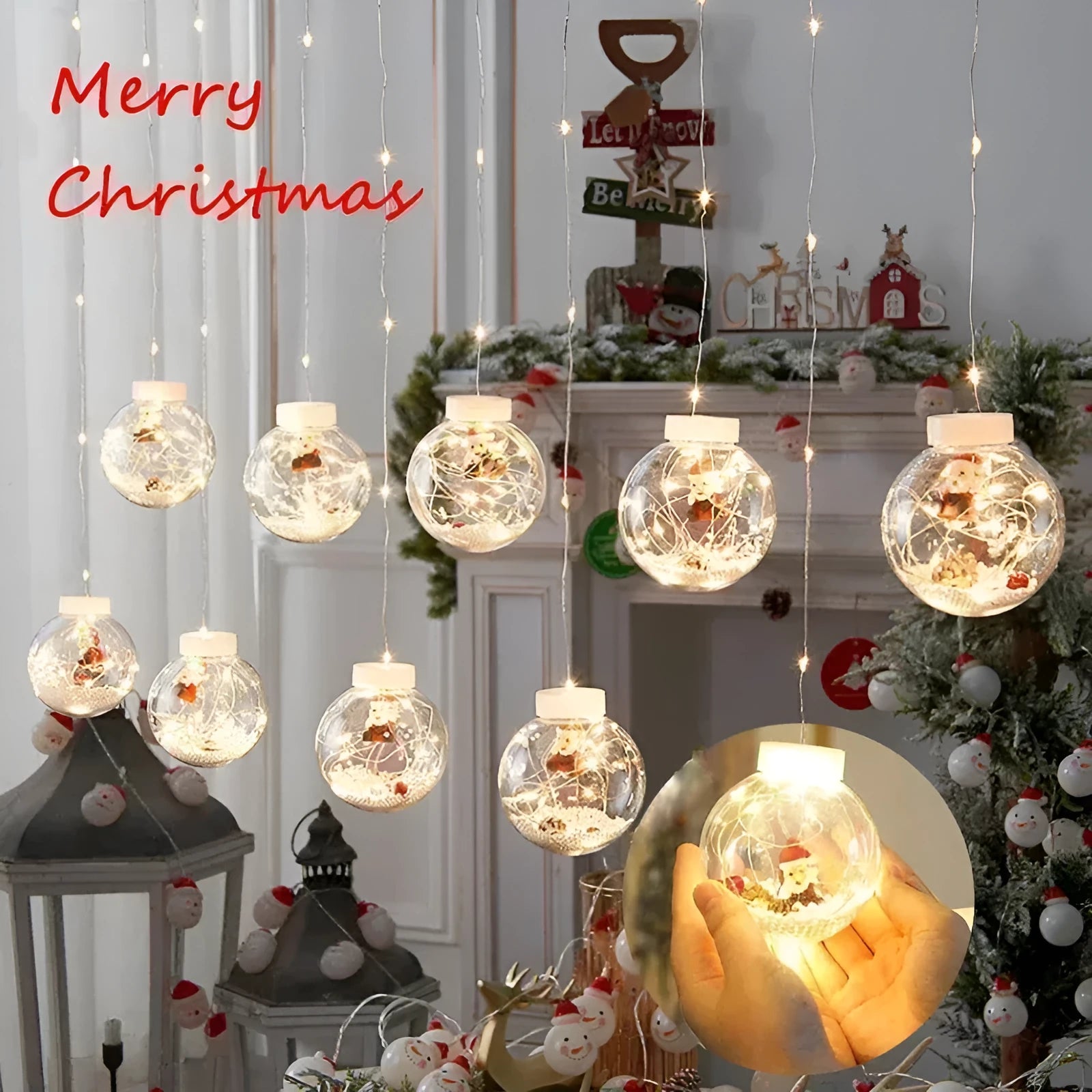 10-piece LED Christmas curtain light string with fairy, snowman and wishing ball decorations for windows