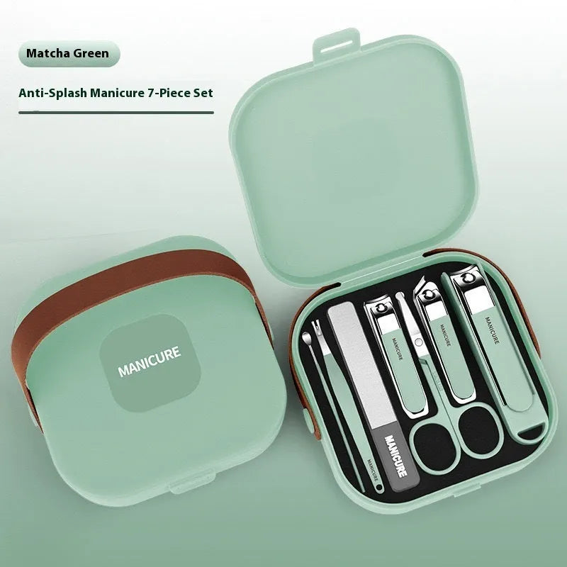 Anti-splash portable household fingernail maintenance kit with seven manicure tools in brown, white and green colours
