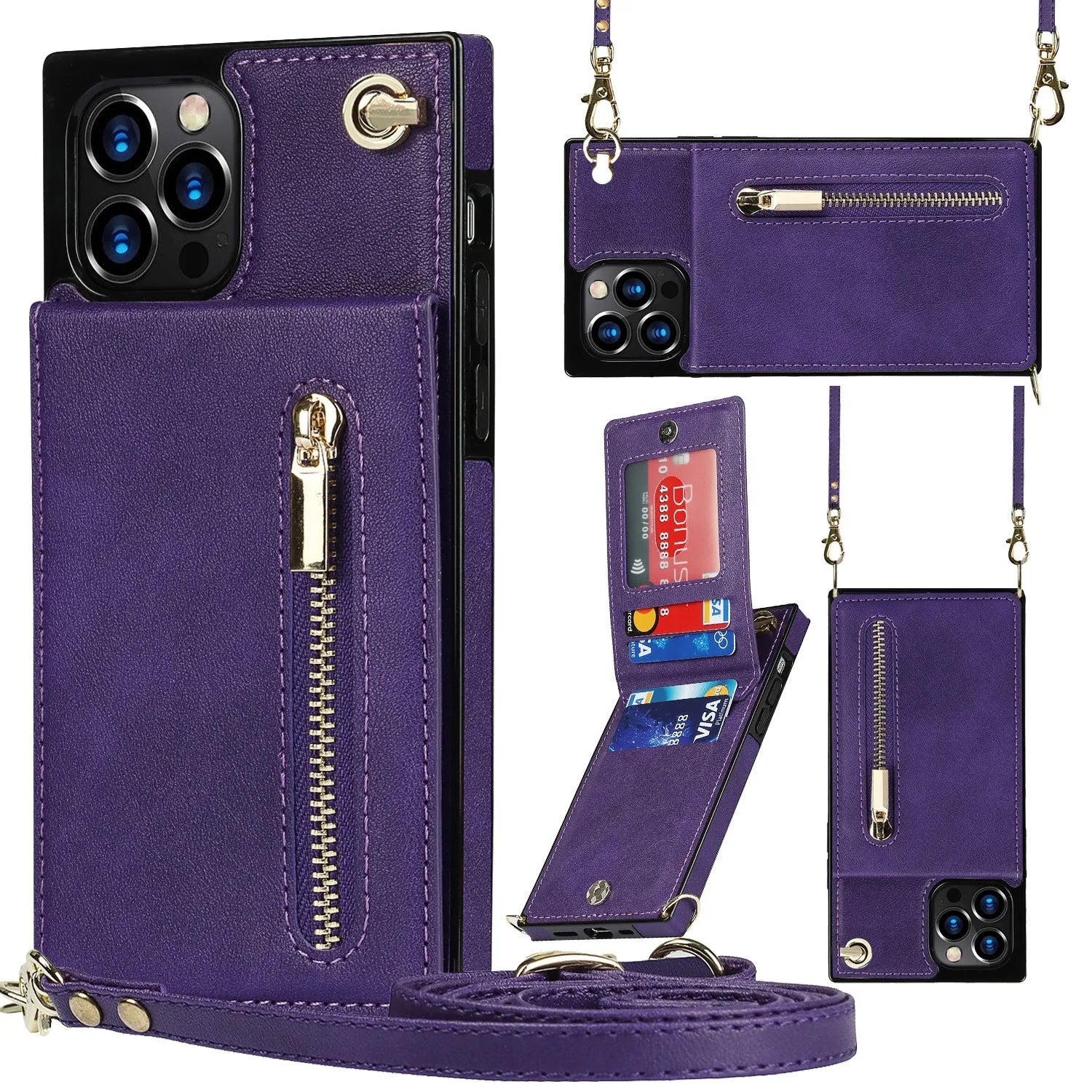 Black leather-back mobile phone case shown next to a green and purple version for iPhone and Samsung models.