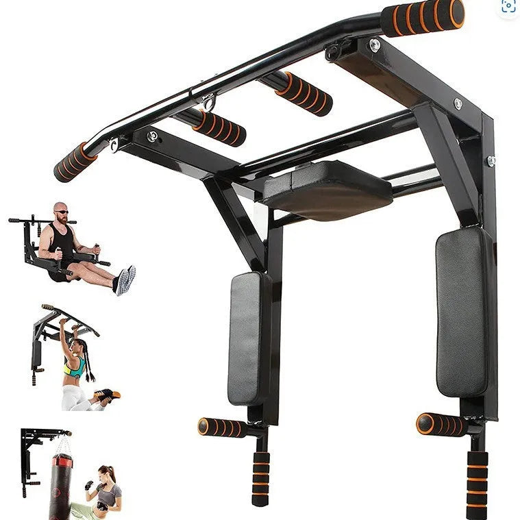 Black wall-mounted fitness equipment with sandbag rack and single parallel bars for pull-ups.