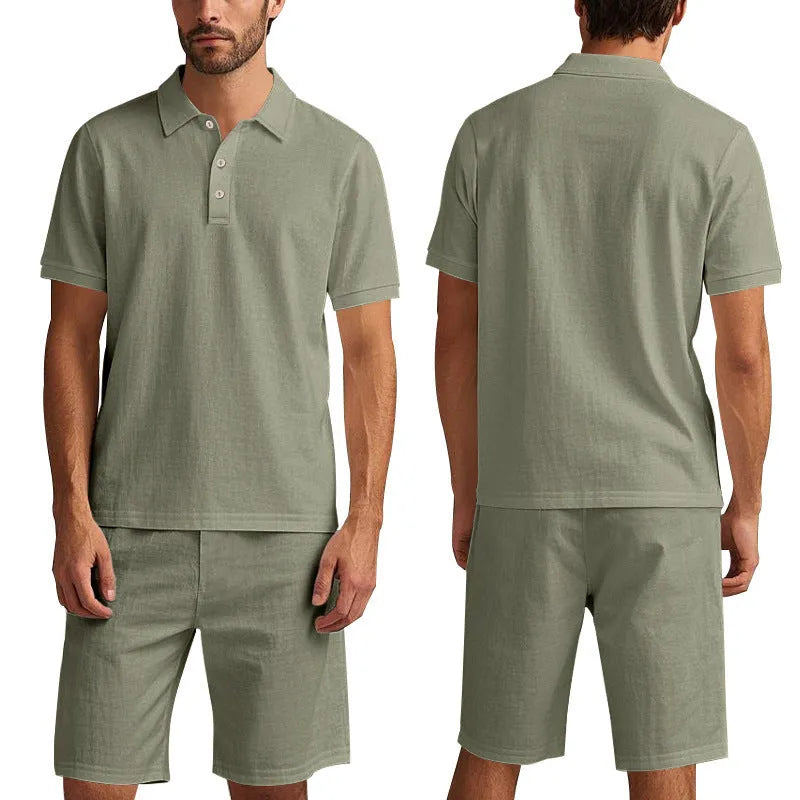 Men's linen blend short-sleeved shirt and matching shorts suit set in multiple colour options