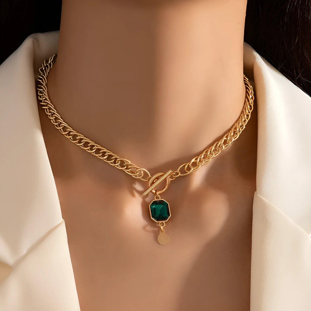 Gold electroplated zircon pendant necklace with geometric round design on titanium steel chain
