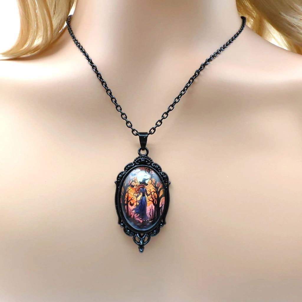 3pcs vintage Halloween tree of life and witch necklace set with earrings, alloy pendant jewellery, two colour styles