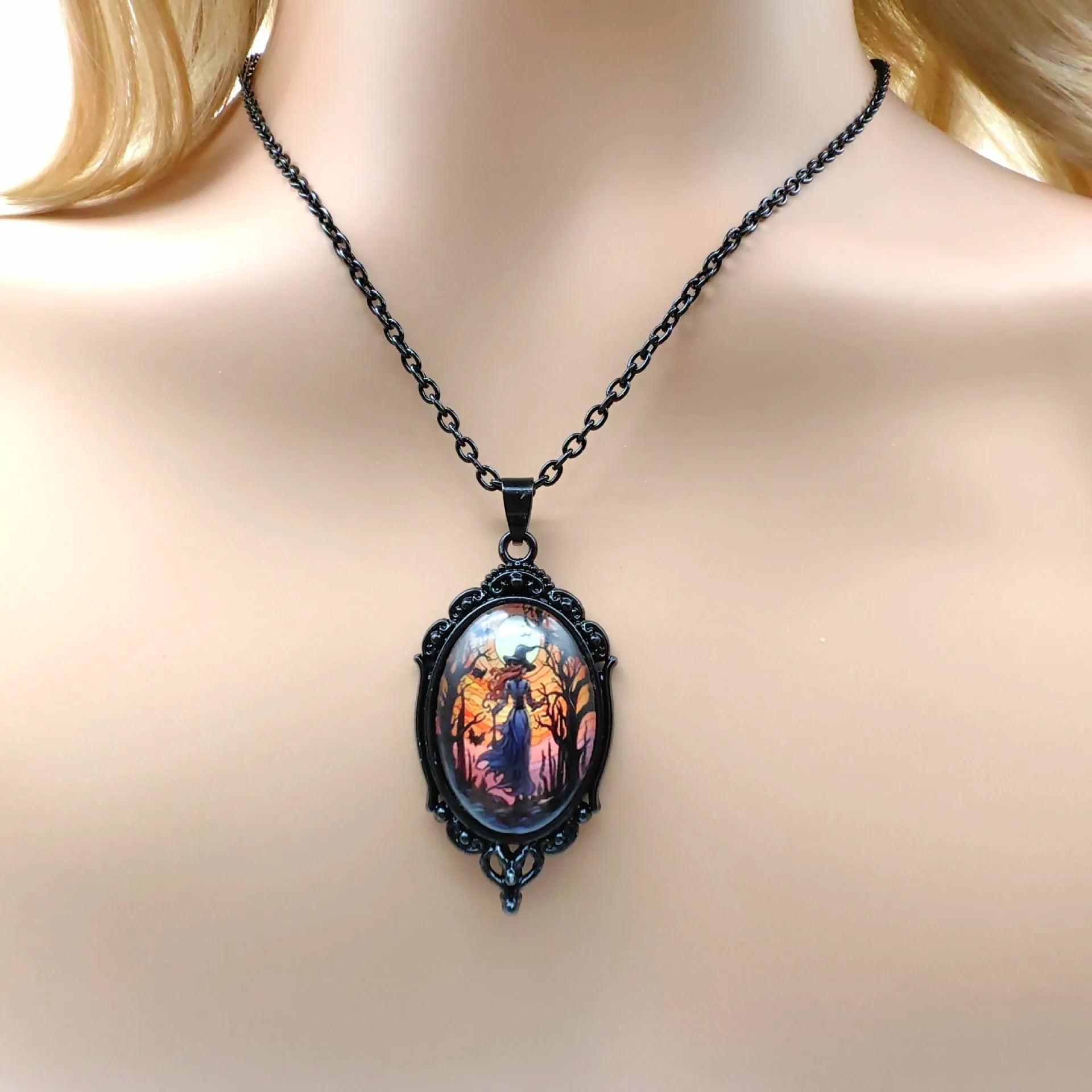 3pcs vintage Halloween tree of life and witch necklace set with earrings, alloy pendant jewellery, two colour styles